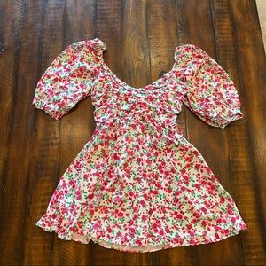 Flower Puff Sleeve Mini Dress